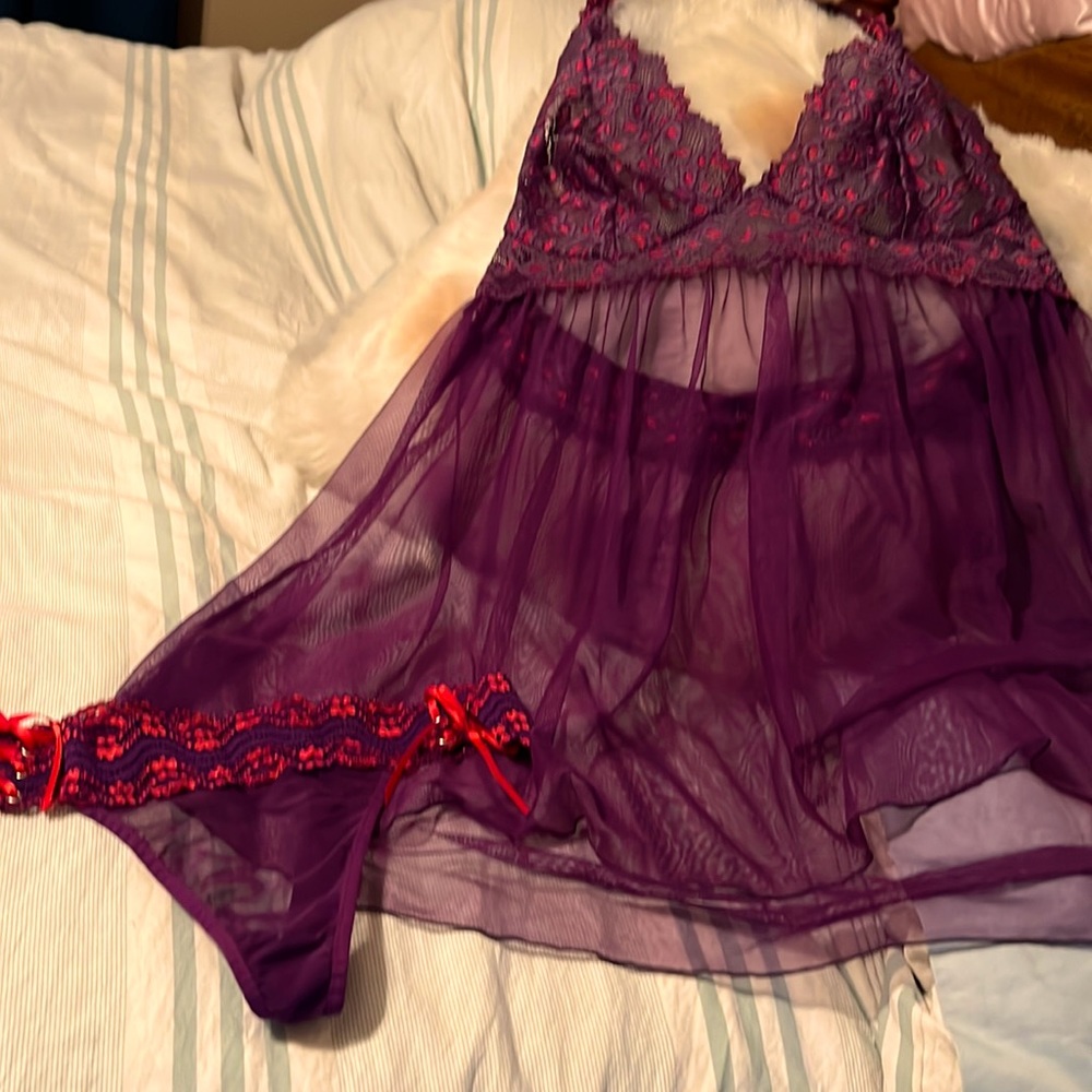 Fredericks Of Hollywood 2 piece halter babydoll with matching thong panties.